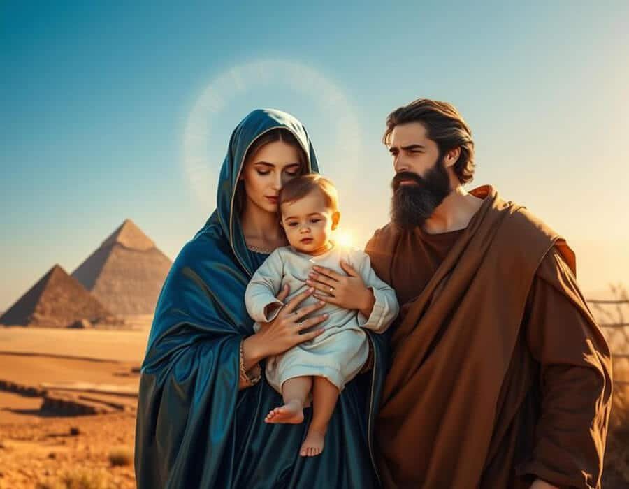 Holy Family's journey through Egypt with the Pyramids of Giza visible.