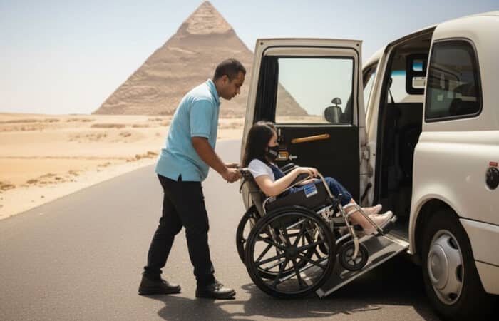 Man helping person in wheelchair into accessible van at the Giza Pyramids