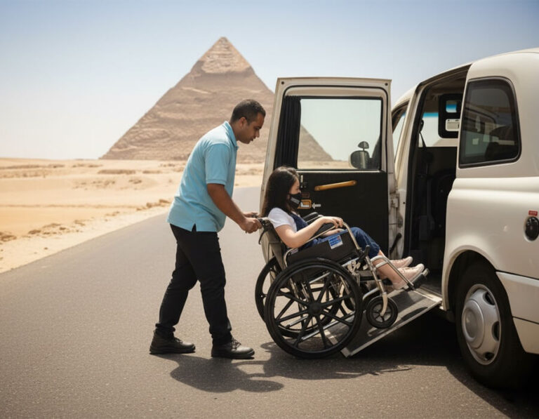 Man helping person in wheelchair into accessible van at the Giza Pyramids