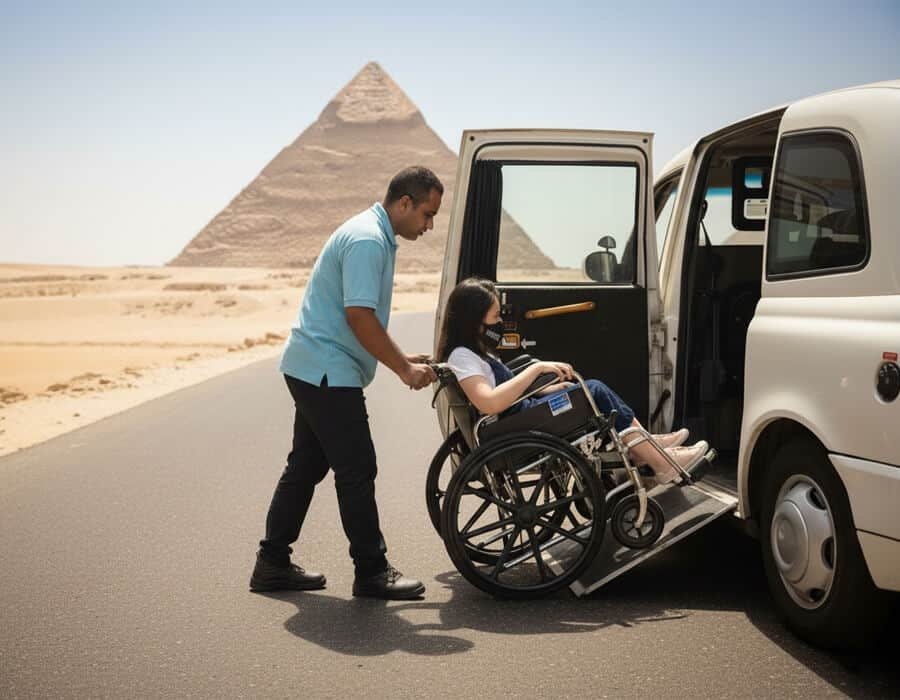 Man helping person in wheelchair into accessible van at the Giza Pyramids