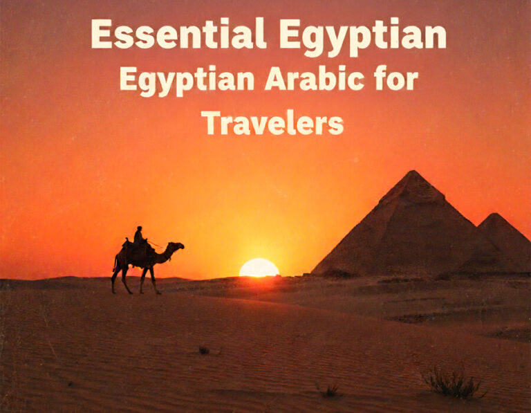 Silhouette of a person on a camel against a vibrant orange sunset with the Giza Pyramids in the background.