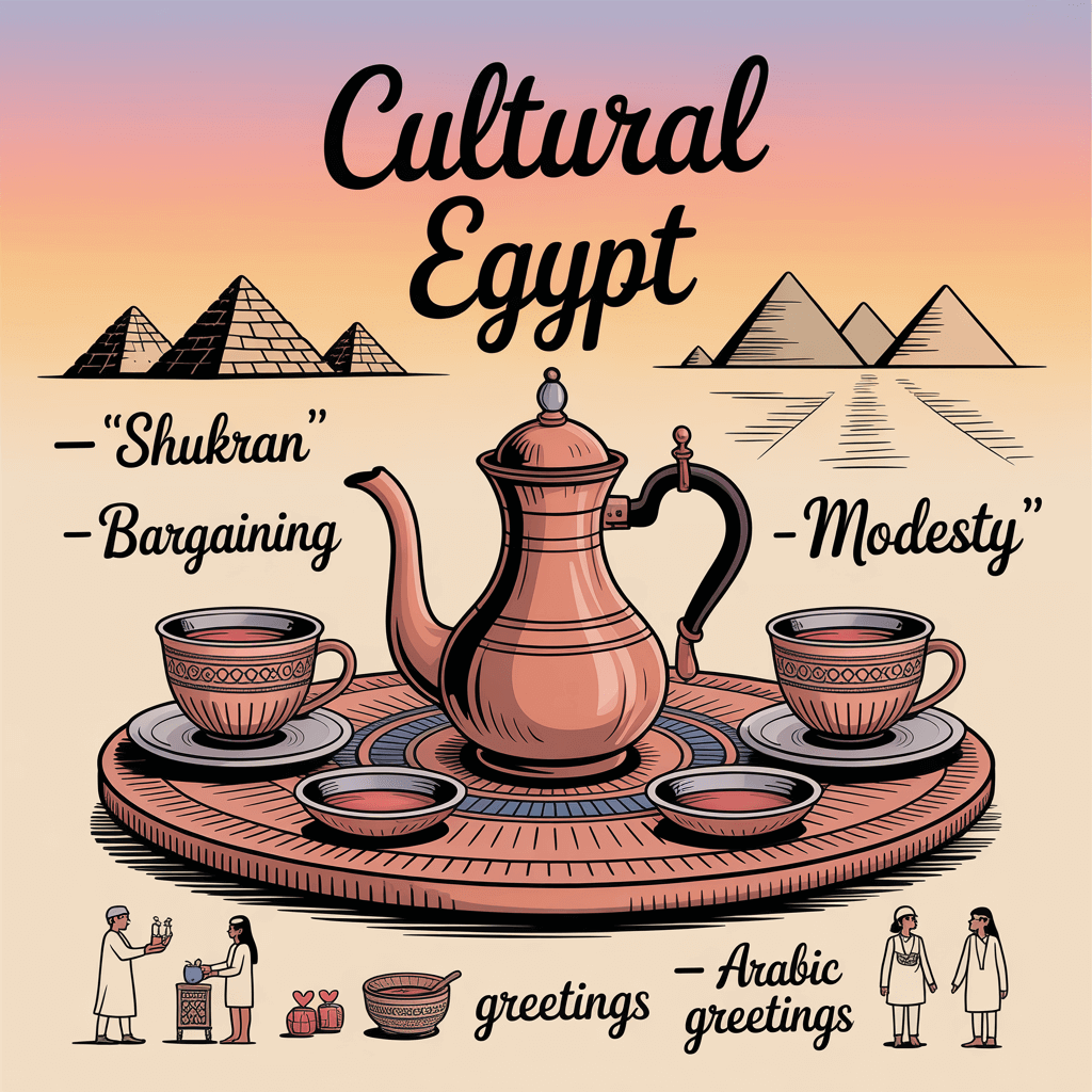 Infographic of Egyptian cultural etiquette including bargaining kindly, modest clothing, Arabic greetings, and tea breaks at sunset