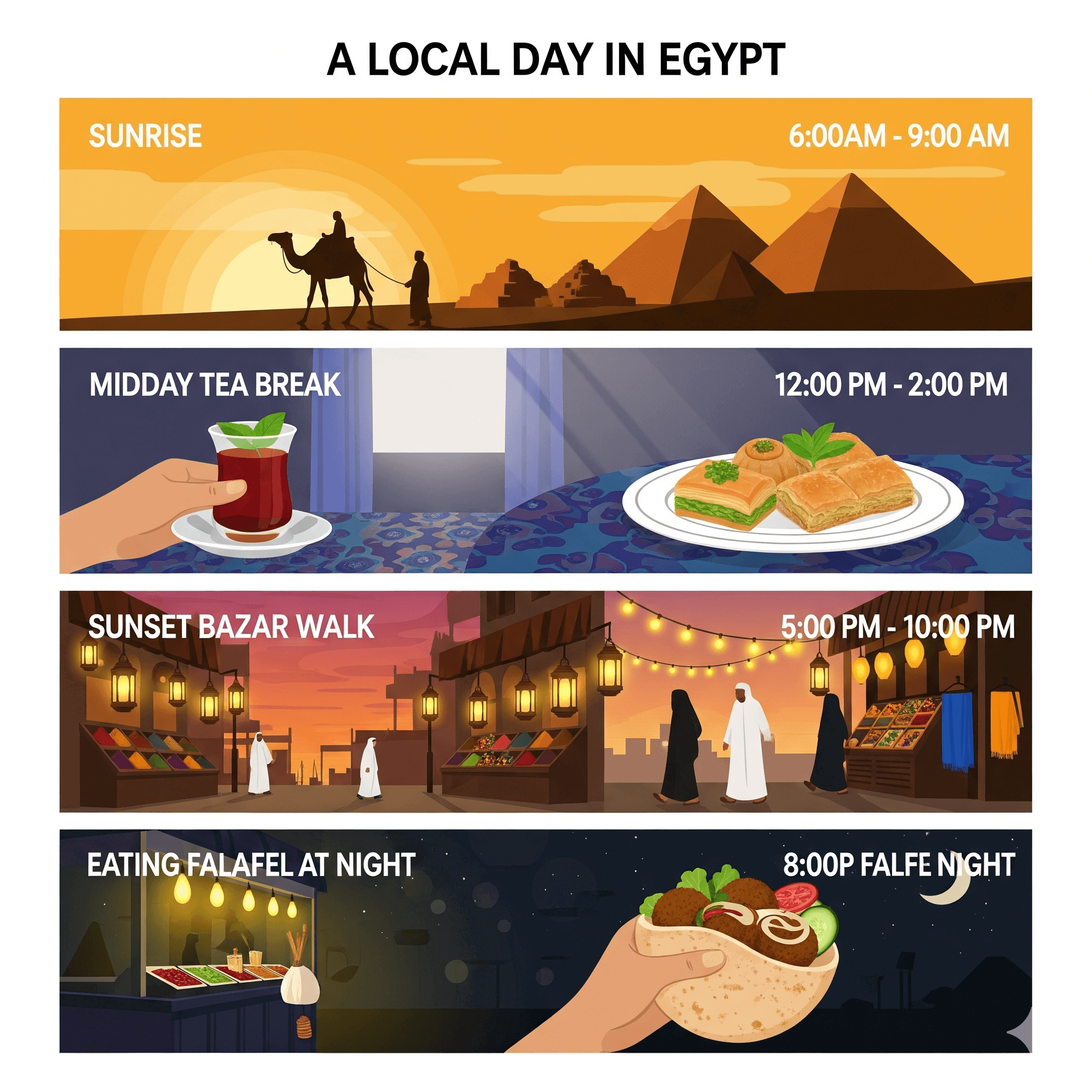 Infographic of a local-style day in Egypt with sunrise pyramids, tea breaks, sunset bazaar walk, and falafel dinner