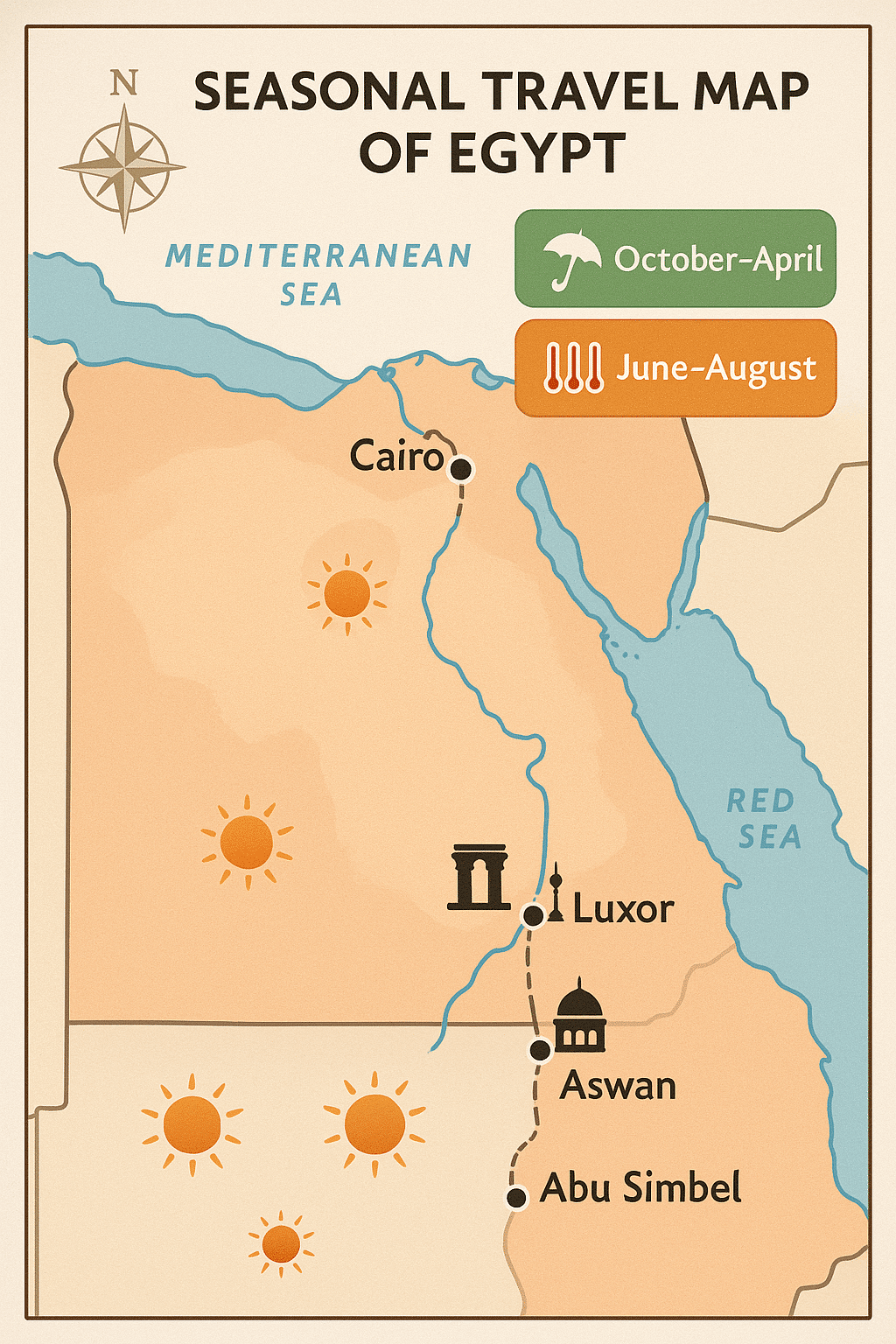 Travel map of Egypt highlighting Cairo, Luxor, Aswan, Abu Simbel with seasonal climate tips for best months to visit
