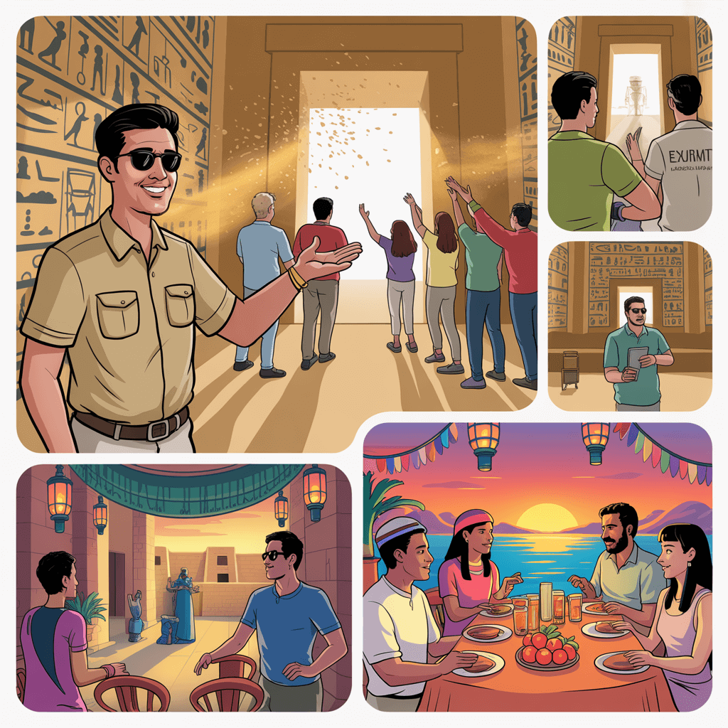 Storyboard of a guided Egypt day with permits, tea breaks, shaded museums, sunset photography, and dinner with locals