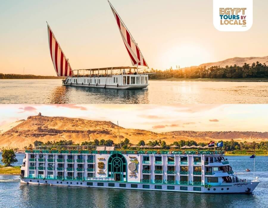 A Dahabiya and a Nile Cruise sailing on the Nile River with mountains in the background.