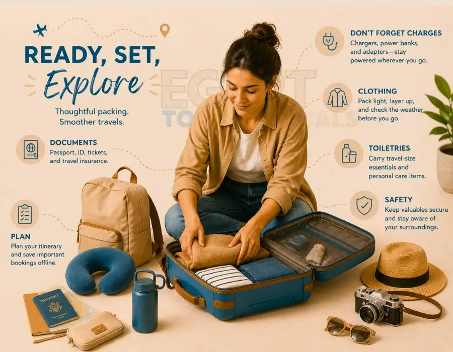 Woman packing a blue suitcase with travel gear and a packing checklist.
