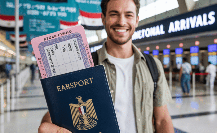 A traveler smiling while holding a passport and boarding pass at an airport arrival area.