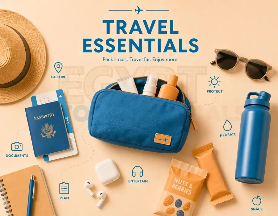 Flat lay of travel essentials: blue bag, passport, water bottle, and snacks.