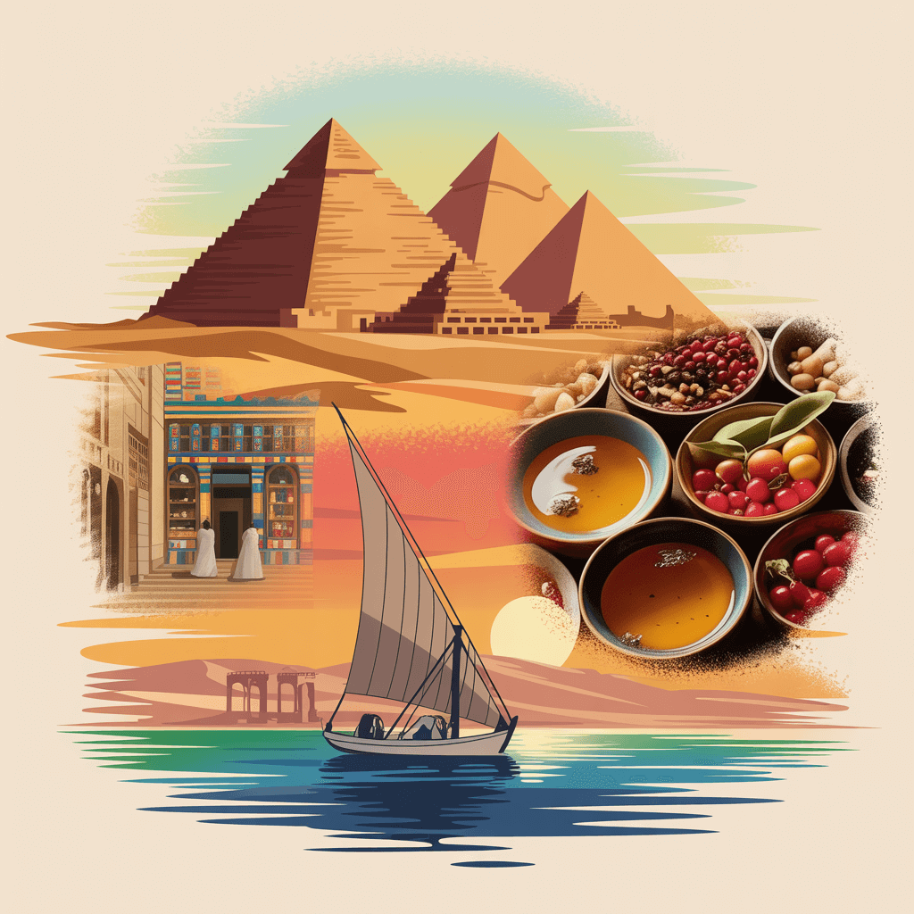 Montage illustration of Egypt highlights including pyramids at sunrise, felucca at sunset, mosque tea, and street market food