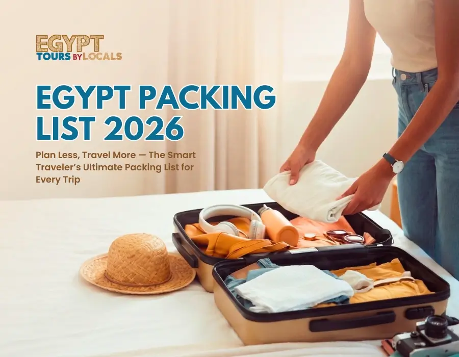Egypt Tours By Locals 2026 packing banner with suitcase and sun hat.