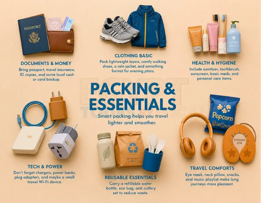 Illustrated smart packing guide for Egypt Tours By Locals including tech and hygiene.