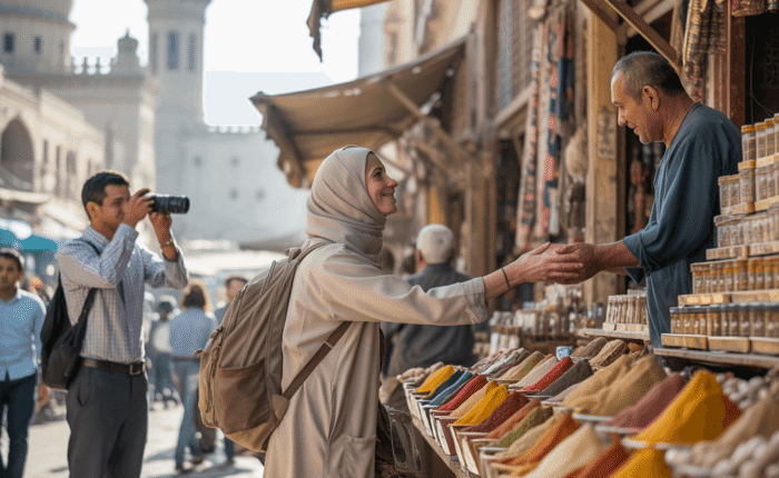 A woman in a hijab interacts with a vendor in a market filled with colorful spices.