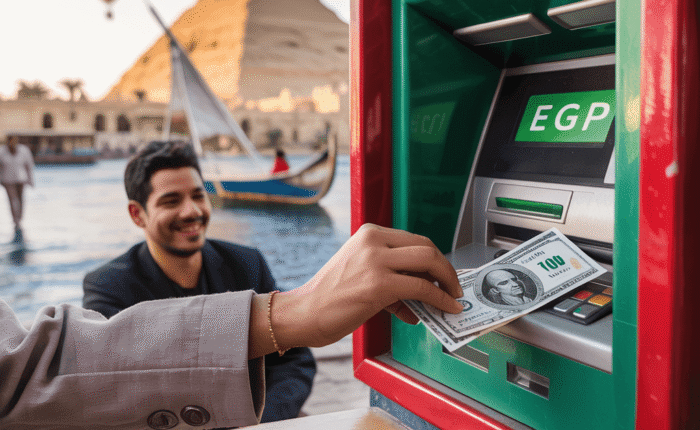 Traveler withdrawing cash from Egypt ATM with pyramid and Nile background