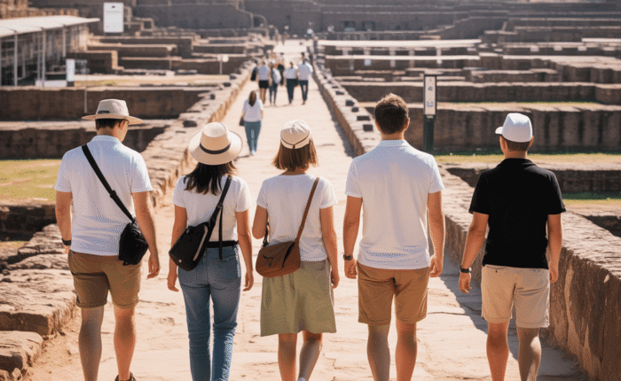 Five tourists walking together on a stone pathway at a historical site with ruins in the background.