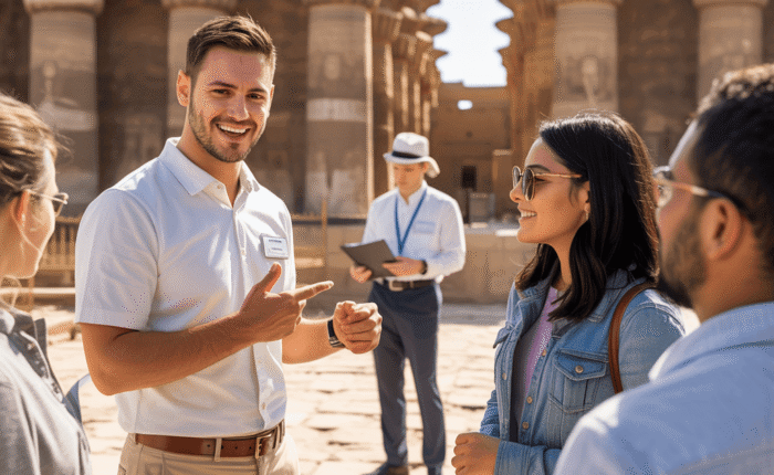 Tour guide speaking to a group of visitors at an Egyptian temple site.
