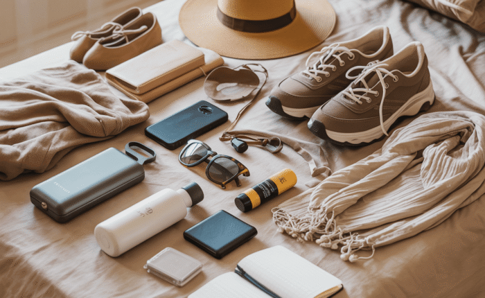Various travel items arranged on a bed, including shoes, a hat, and accessories.